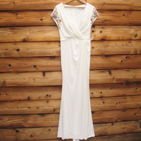 Mac Duggal 55709 Womens White Embellished Sleeve Jersey Wrap Gown - Picture 6 of 16